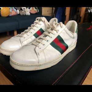 Gucci Stripe White Leather Crocodile Trim Sneaker